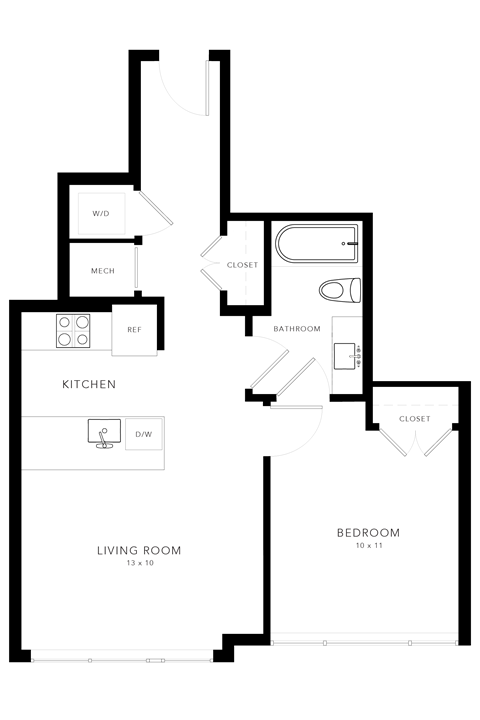 Floor plan for 1 bed, 1 bath, 536 sqft